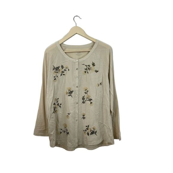 J Jill Large Embroidered Woven Front Shirt Button Front Long Sleeve Beige Womens - Picture 2 of 14